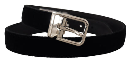 Dolce &amp;amp; Gabbana Svart sammetsbälte med silverfärgad metalllogotyp och spänne