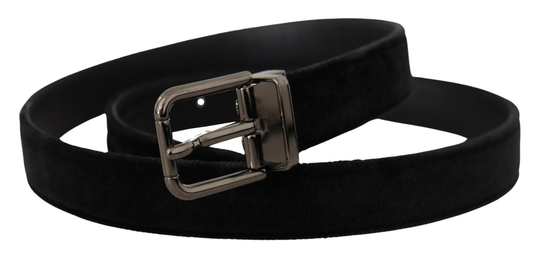 Dolce &amp;amp; Gabbana Svart sammetsbälte med silverfärgad logotyp och metallspänne