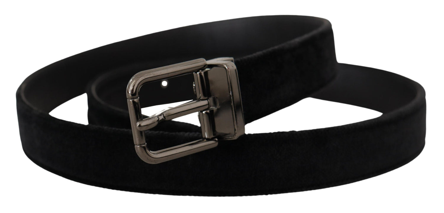 Dolce &amp;amp; Gabbana Svart sammetsbälte med silverfärgad logotyp och metallspänne