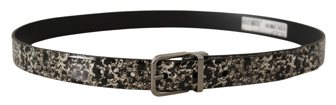 Dolce &amp;amp; Gabbana Svart Marmortryck Läderbälte Silver Logotypspänne