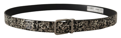 Dolce &amp;amp; Gabbana Svart Marmortryck Läderbälte Silver Logotypspänne