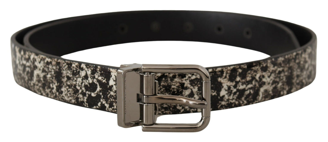 Dolce &amp;amp; Gabbana Svart Marmortryck Läderbälte Silver Logotypspänne