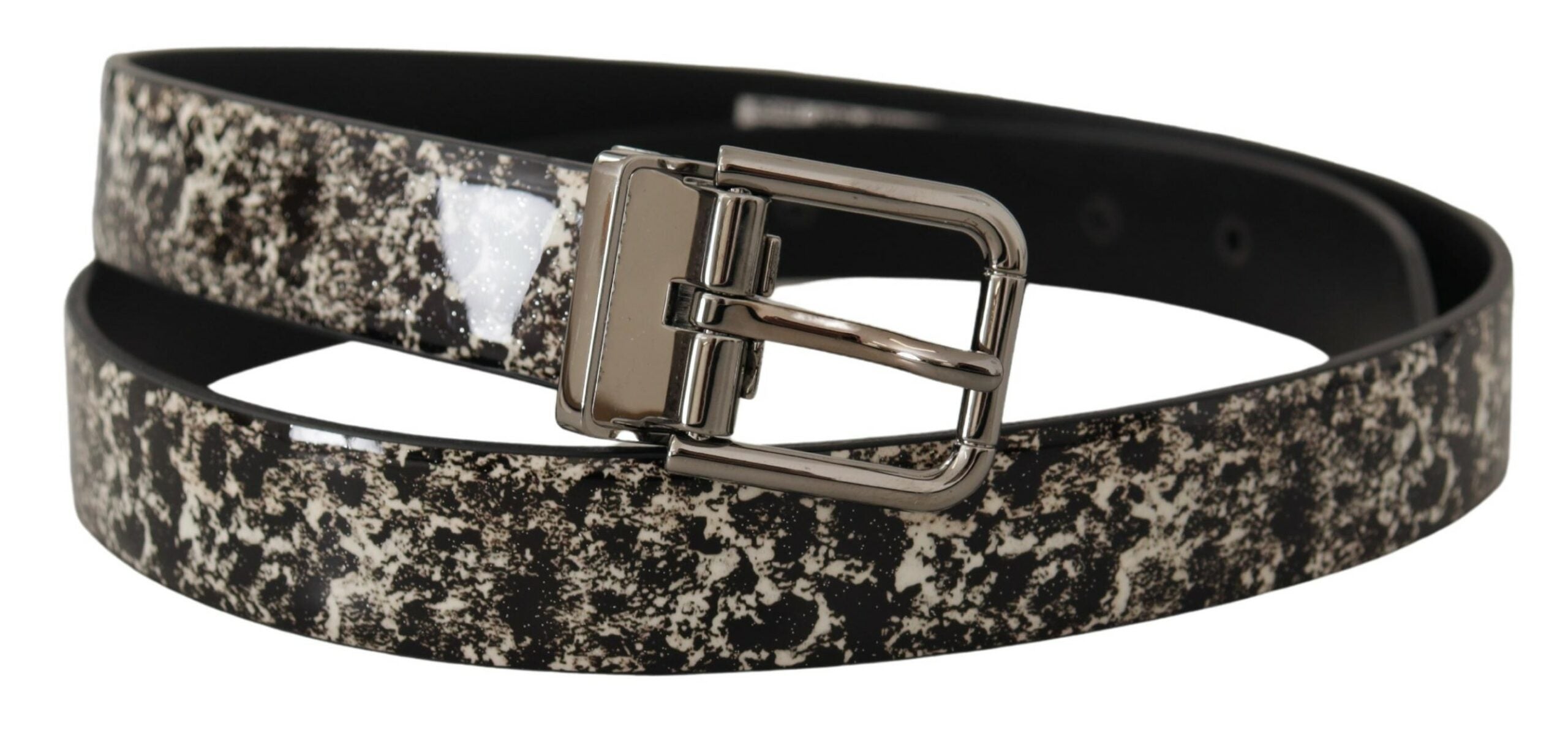 Dolce &amp;amp; Gabbana Svart Marmortryck Läderbälte Silver Logotypspänne