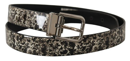 Dolce &amp;amp; Gabbana Svart Marmortryck Läderbälte Silver Logotypspänne