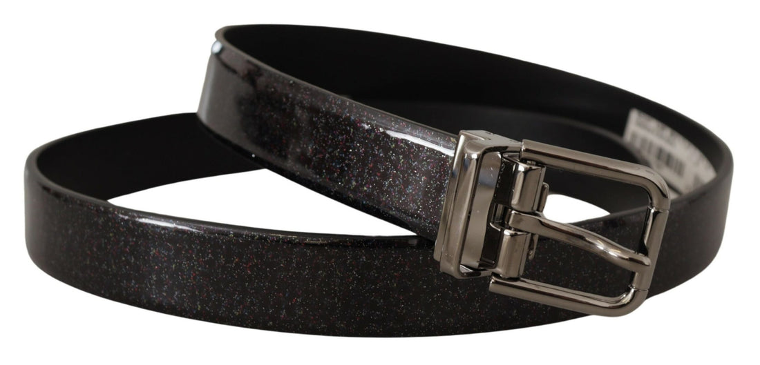 Dolce &amp;amp; Gabbana Svart Vernice Puntinata Läder Silver Tone Metallbälte
