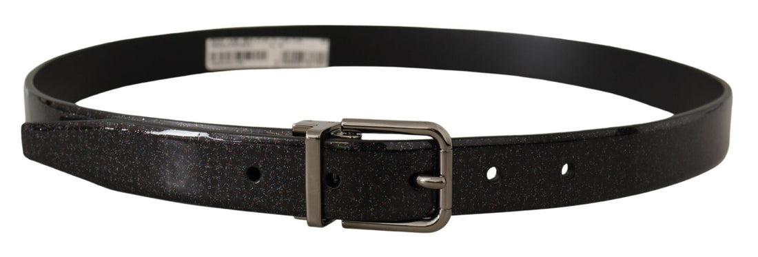 Dolce &amp;amp; Gabbana Svart Vernice Puntinata Läder Silver Tone Metallbälte