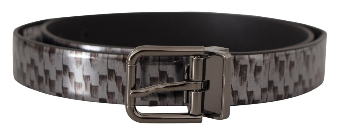 Dolce &amp;amp; Gabbana Grått Fiskbensmönster Läderbälte med Grått 3D-Metallspänne