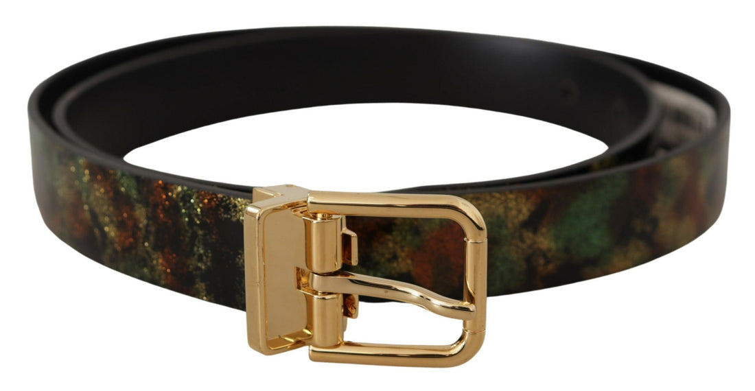 Dolce &amp;amp; Gabbana Svartgrönt Läderbälte med Bronsfärgat Metallspänne