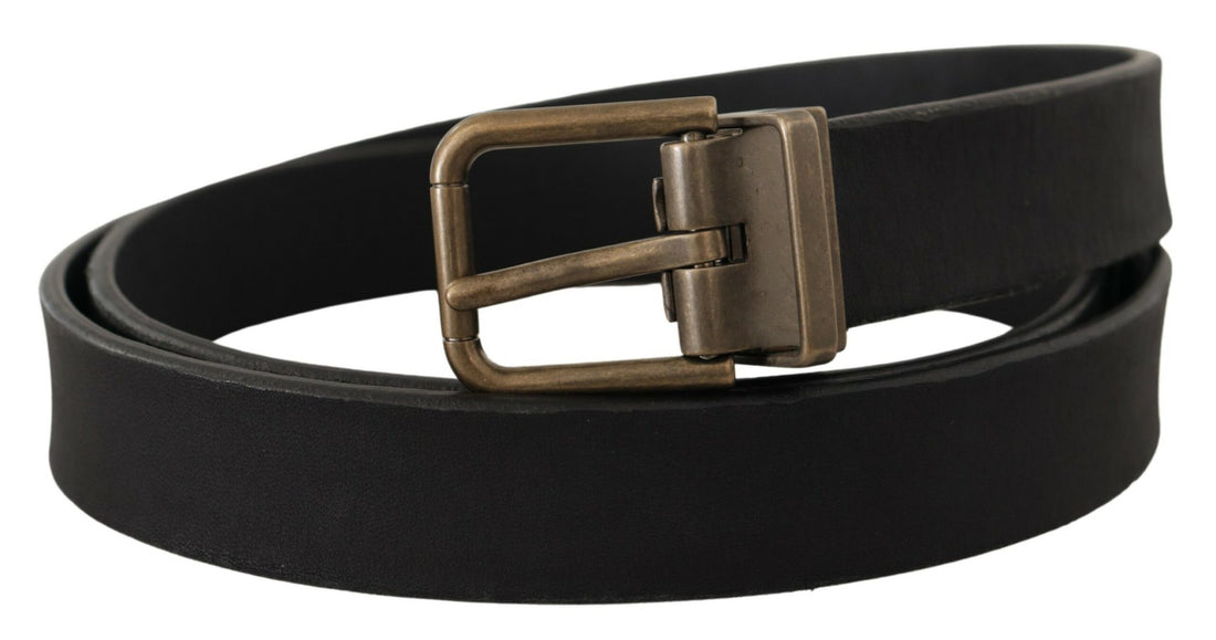 Dolce &amp; Gabbana Black Leather Brass Metal Grain Buckle Classic Belt