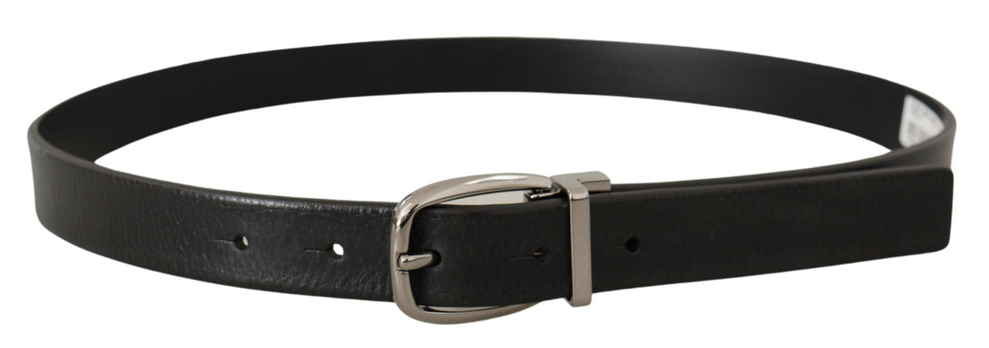 Dolce &amp; Gabbana Black Leather Silver Chrome Metal Logo Buckle Belt