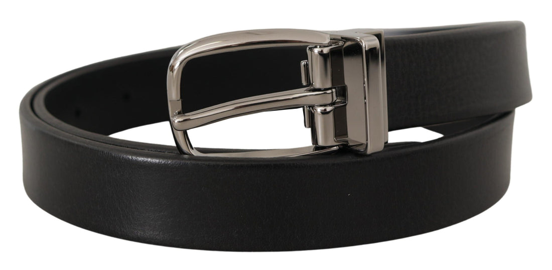 Dolce &amp; Gabbana Black Leather Silver Chrome Metal Logo Buckle Belt