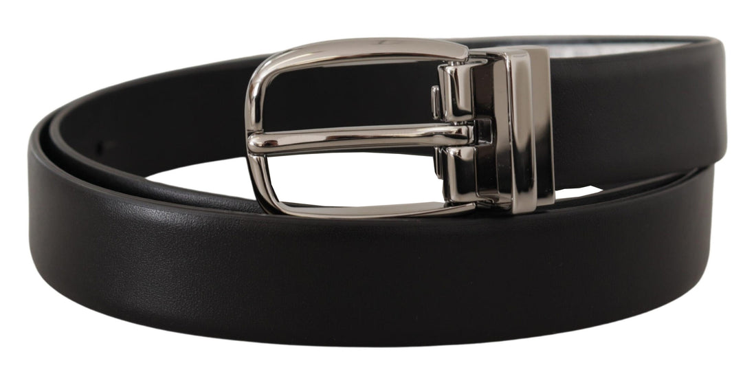 Dolce &amp; Gabbana Black Leather Silver Metal Chrome Logo Buckle  Belt