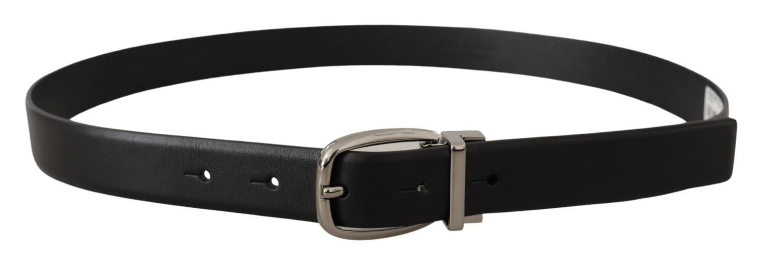 Dolce &amp; Gabbana Black Leather Silver Metal Chrome Logo Buckle  Belt