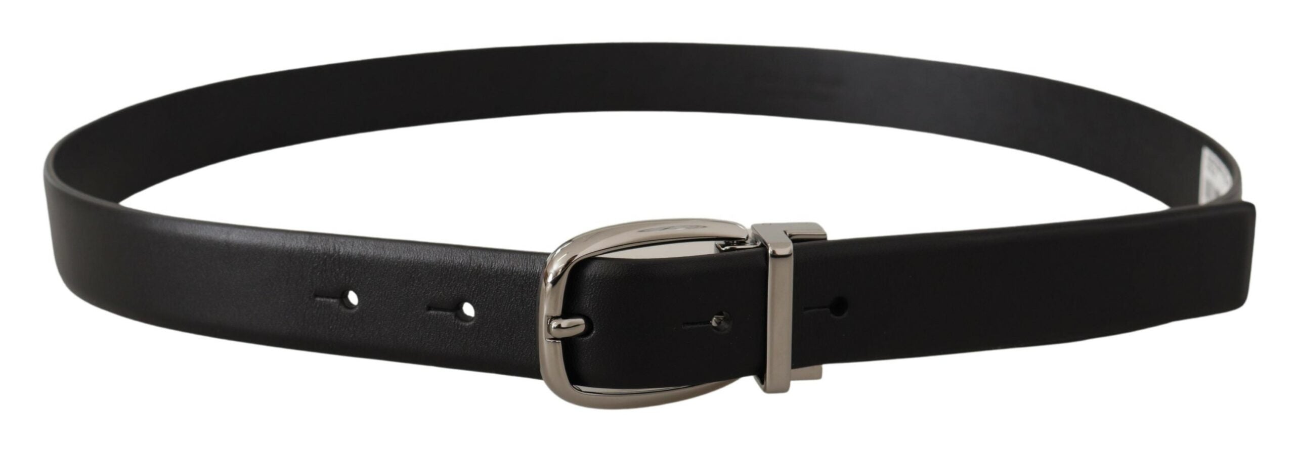 Dolce &amp; Gabbana Black Leather Silver Metal Chrome Logo Buckle  Belt