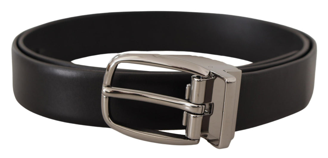 Dolce &amp; Gabbana Black Leather Silver Metal Chrome Logo Buckle  Belt