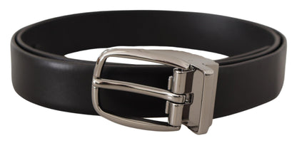 Dolce &amp; Gabbana Black Leather Silver Metal Chrome Logo Buckle  Belt
