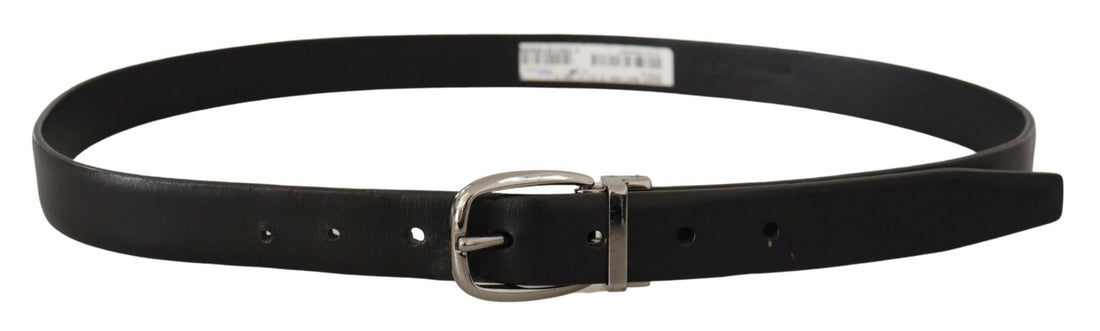 Dolce &amp; Gabbana Black Leather Chrome Logo Metal Buckle Belt