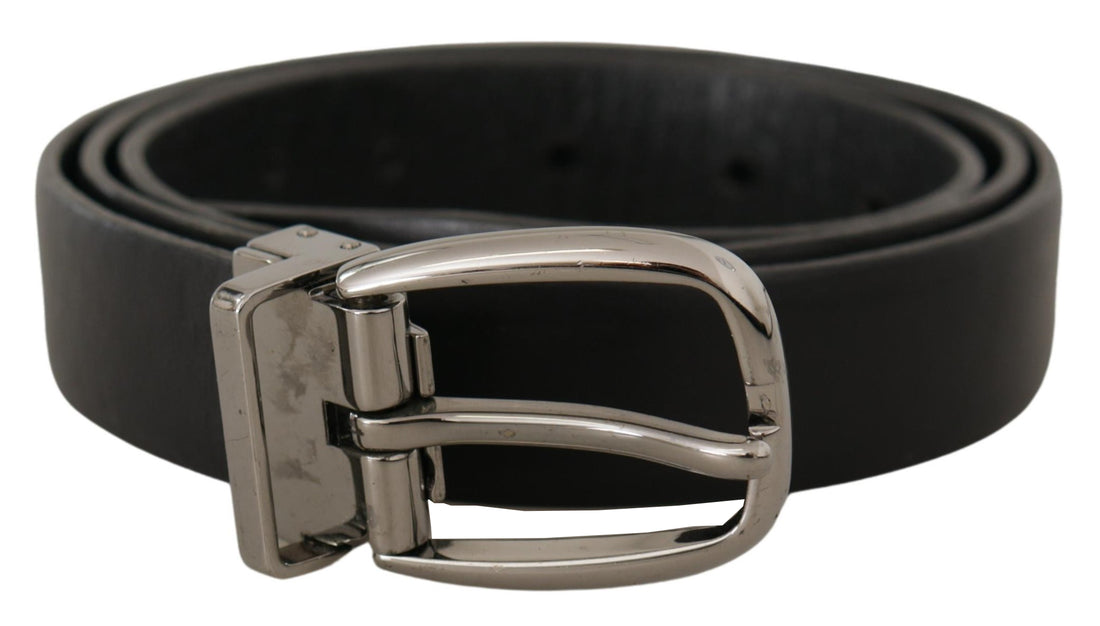 Dolce &amp; Gabbana Black Leather Chrome Logo Metal Buckle Belt