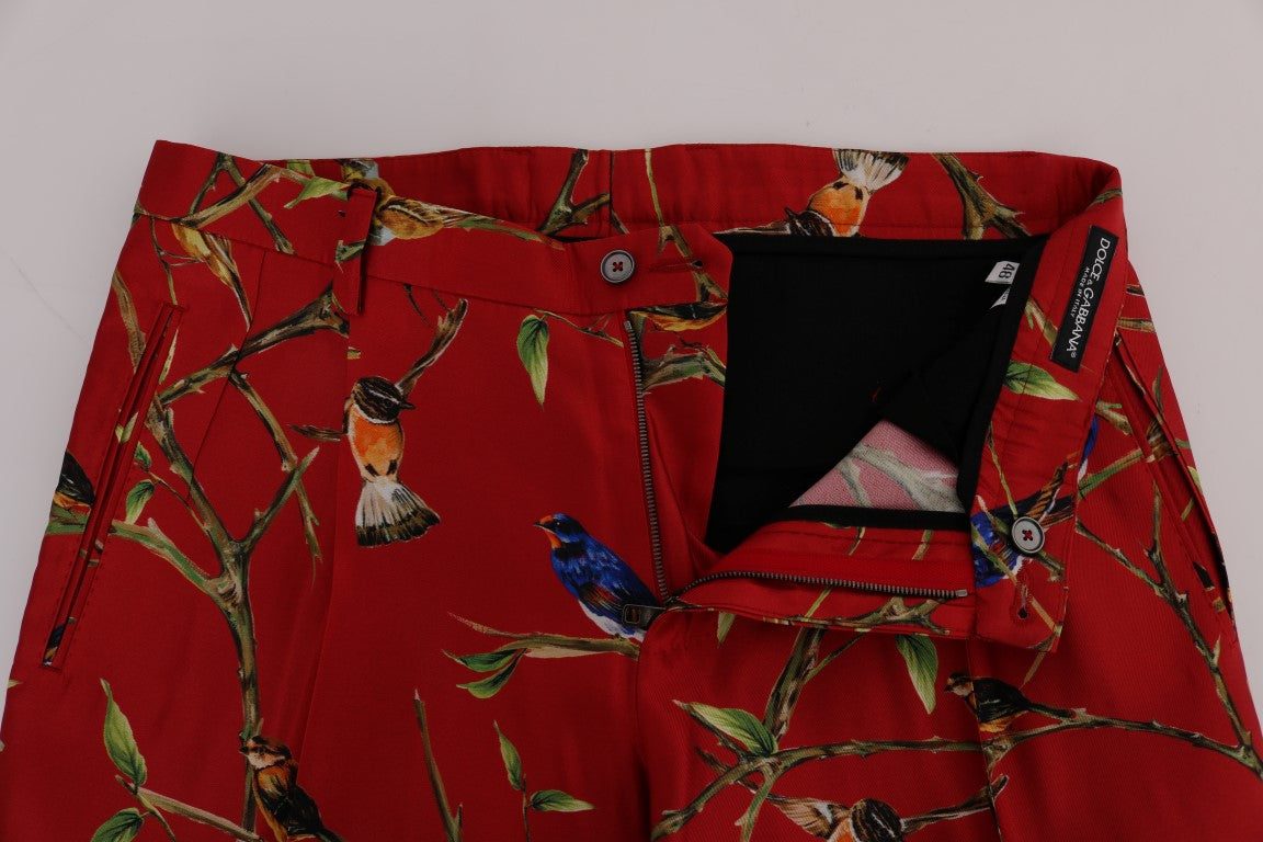 Dolce &amp; Gabbana Red Silk Bird Print Dress Pants