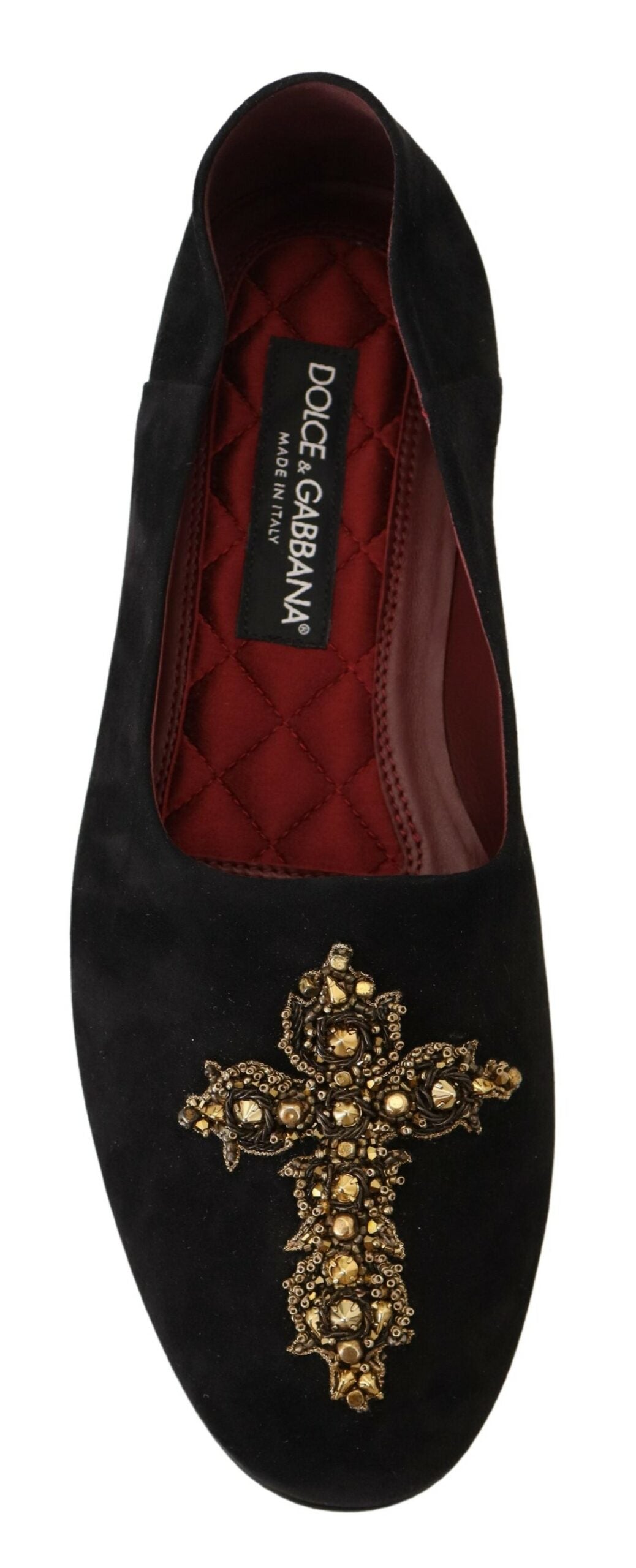 Dolce &amp; Gabbana Black Suede Gold Cross Slip On Loafers Shoes
