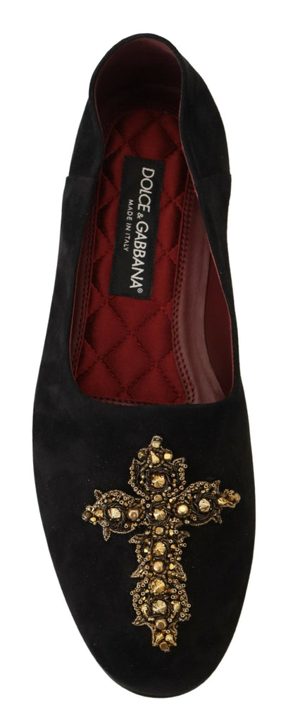 Dolce &amp; Gabbana Black Suede Gold Cross Slip On Loafers Shoes