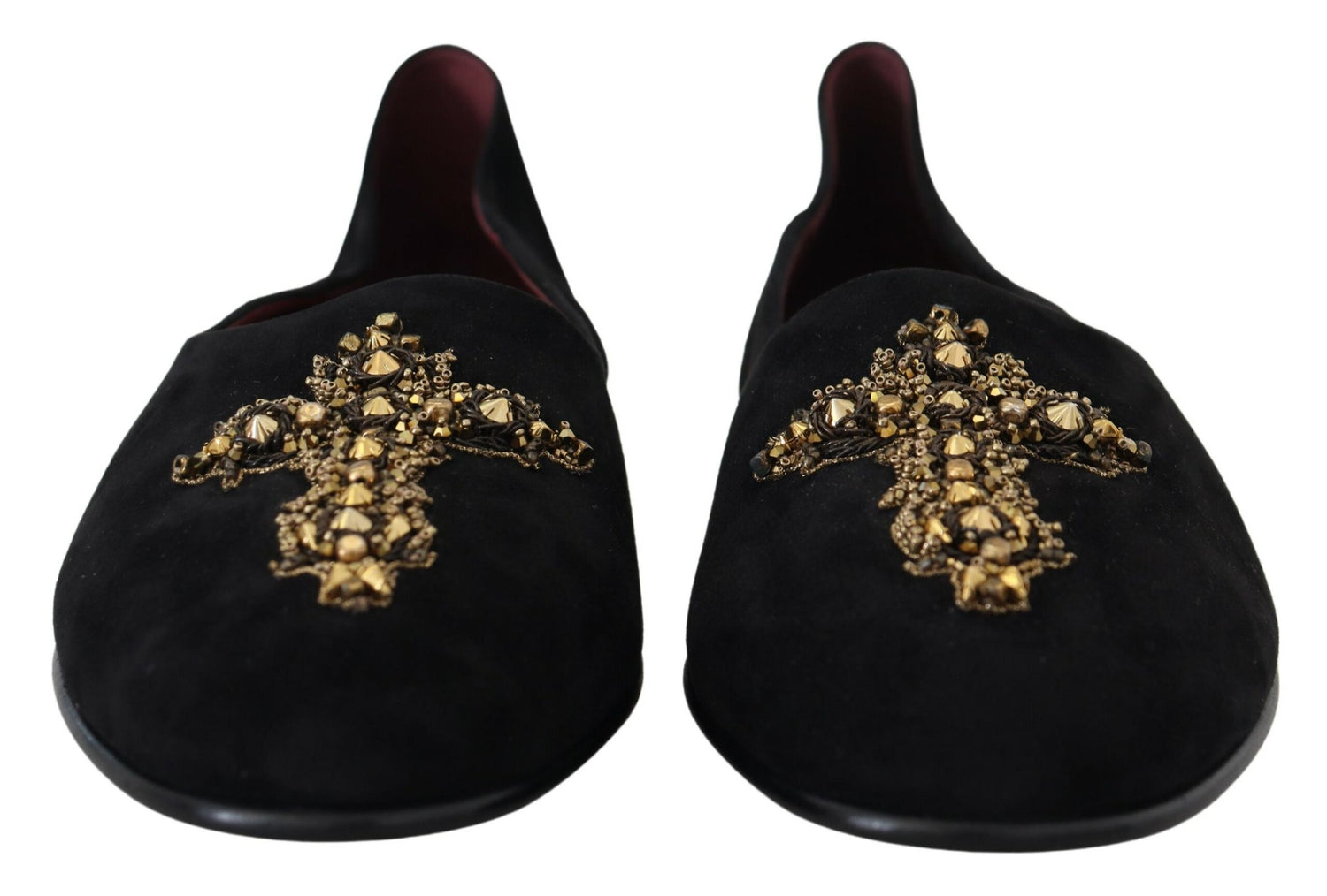 Dolce &amp; Gabbana Black Suede Gold Cross Slip On Loafers Shoes