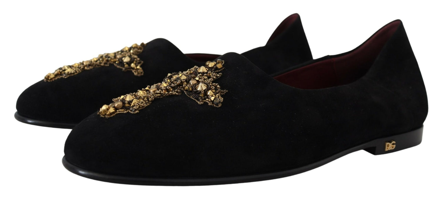 Dolce &amp; Gabbana Black Suede Gold Cross Slip On Loafers Shoes