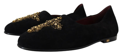 Dolce &amp; Gabbana Black Suede Gold Cross Slip On Loafers Shoes