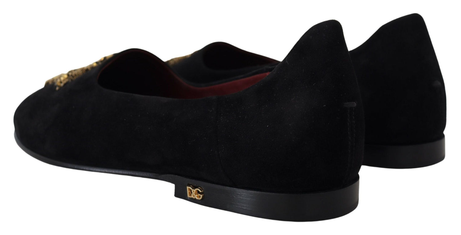 Dolce &amp; Gabbana Black Suede Gold Cross Slip On Loafers Shoes