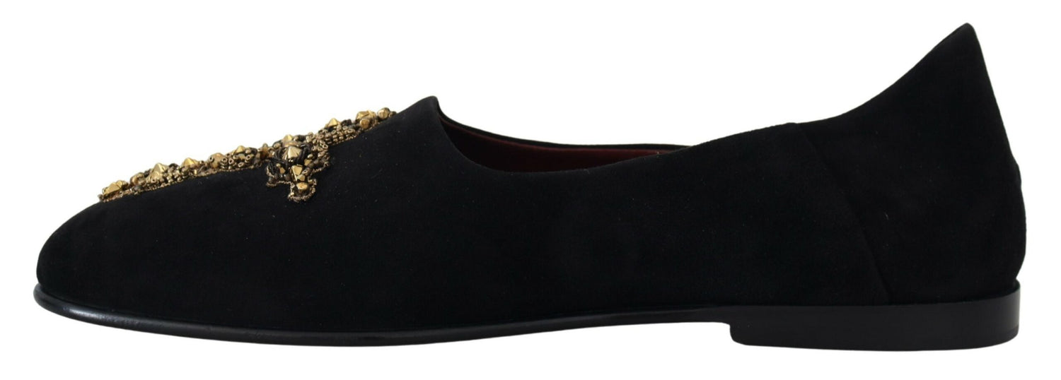 Dolce &amp; Gabbana Black Suede Gold Cross Slip On Loafers Shoes