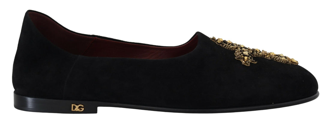 Dolce &amp; Gabbana Black Suede Gold Cross Slip On Loafers Shoes
