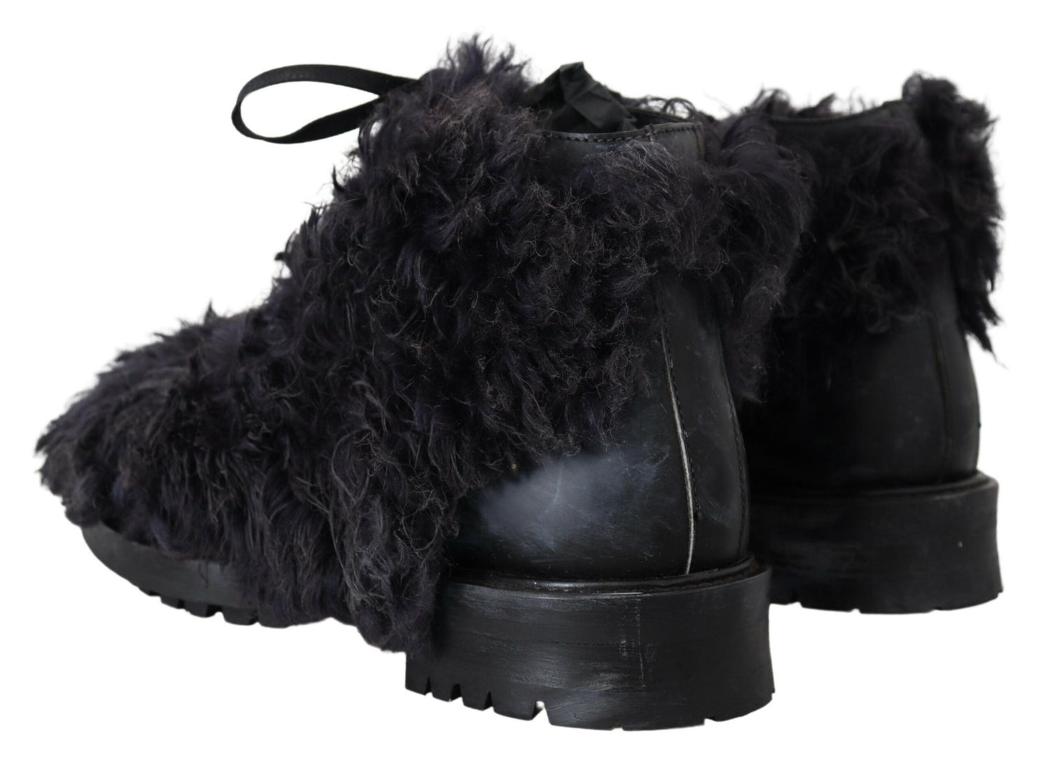 Dolce &amp; Gabbana Black Leather Combat Shearling Boots Shoes