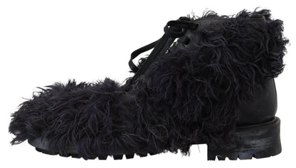 Dolce &amp; Gabbana Black Leather Combat Shearling Boots Shoes