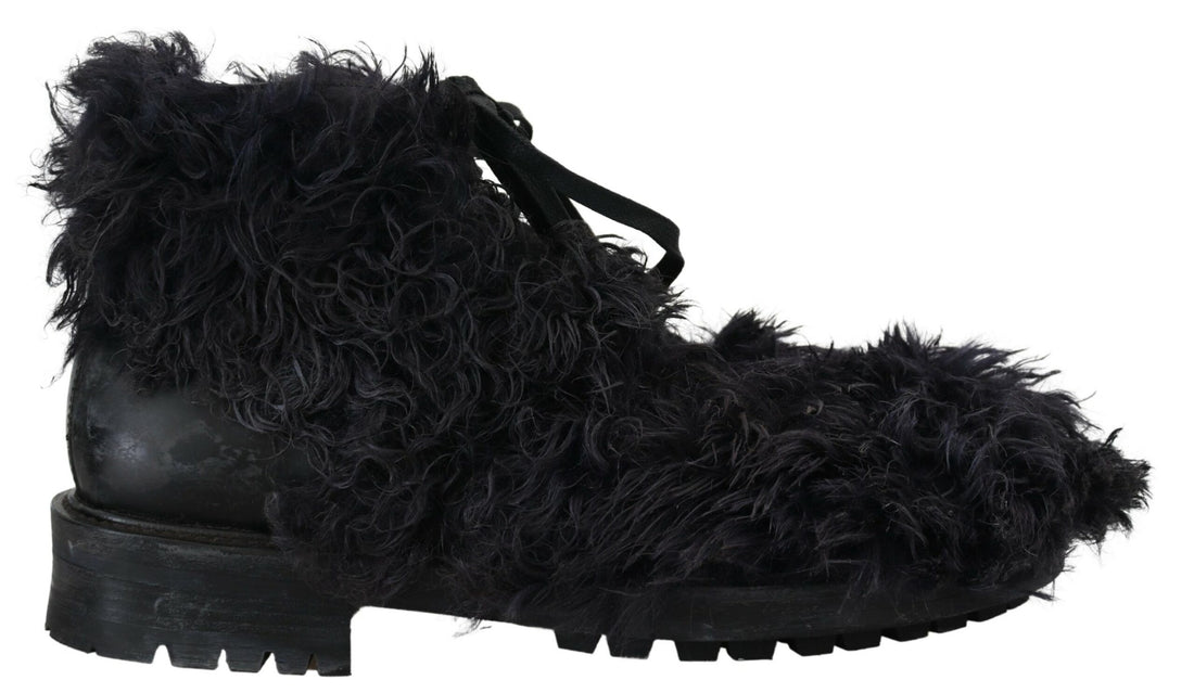 Dolce &amp;amp; Gabbana Svarta Läderstövlar i Combat Shearling-läder