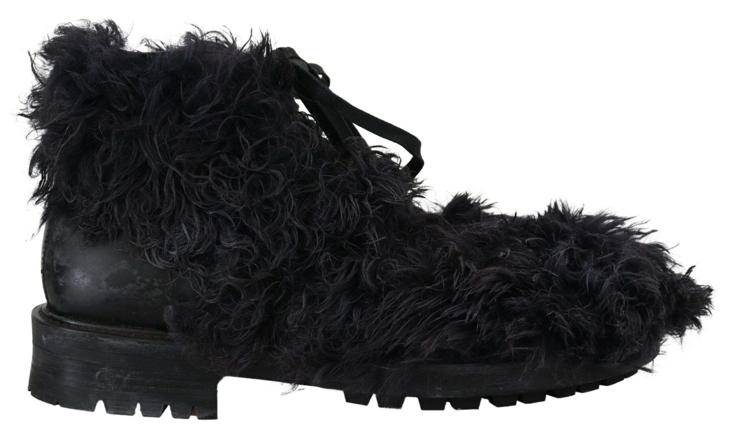 Dolce &amp; Gabbana Black Leather Combat Shearling Boots Shoes