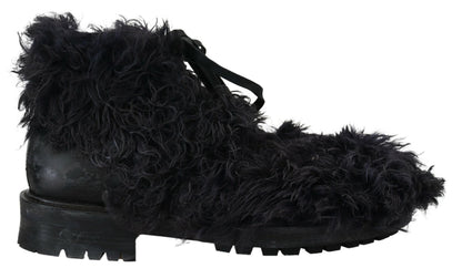 Dolce &amp; Gabbana Black Leather Combat Shearling Boots Shoes
