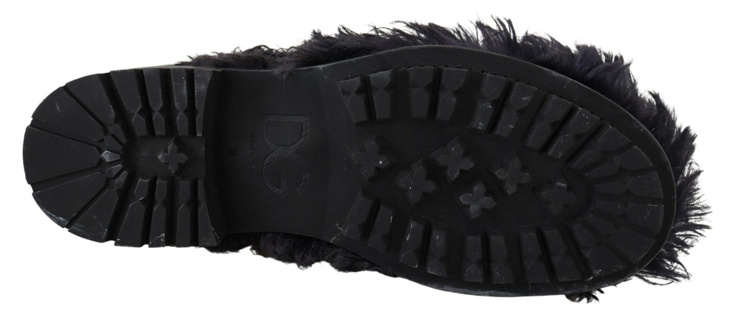 Dolce &amp; Gabbana Black Leather Combat Shearling Boots Shoes
