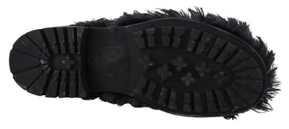 Dolce &amp; Gabbana Black Leather Combat Shearling Boots Shoes