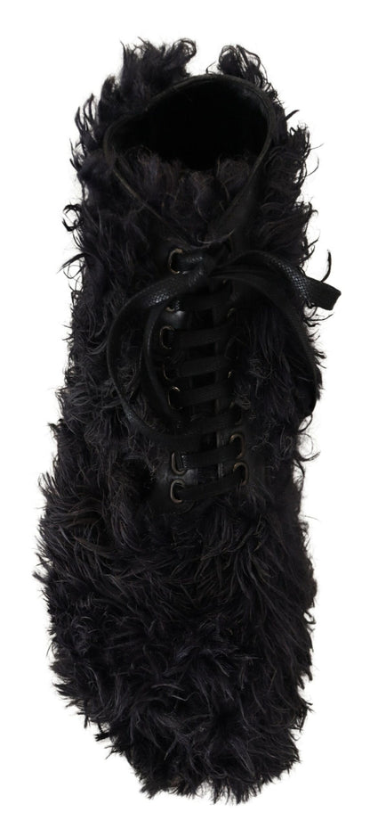 Dolce &amp; Gabbana Black Leather Combat Shearling Boots Shoes