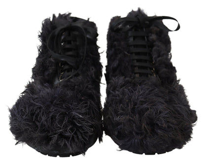 Dolce &amp; Gabbana Black Leather Combat Shearling Boots Shoes