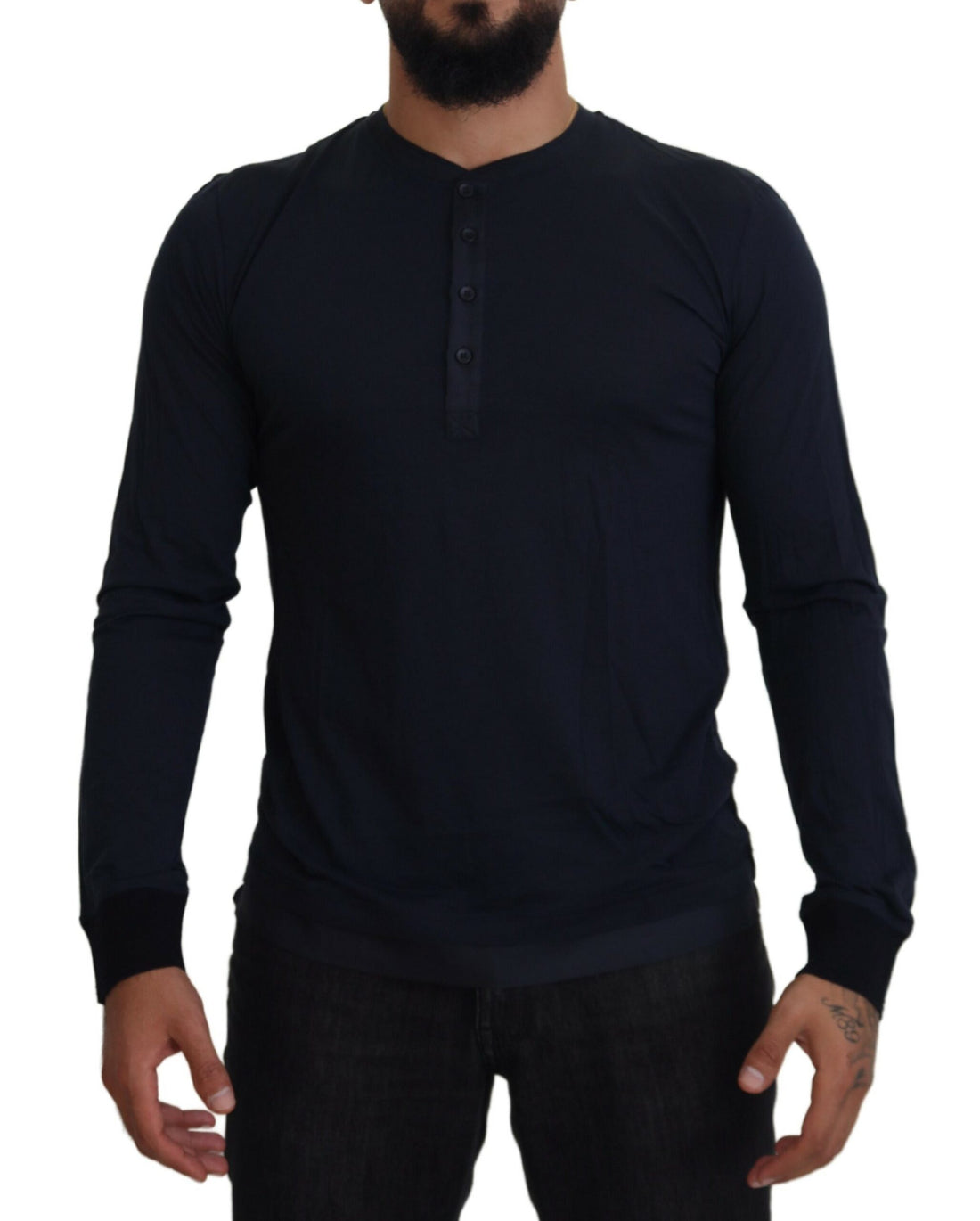 Dolce &amp; Gabbana Blue Cotton Button Crewneck Pullover Sweater