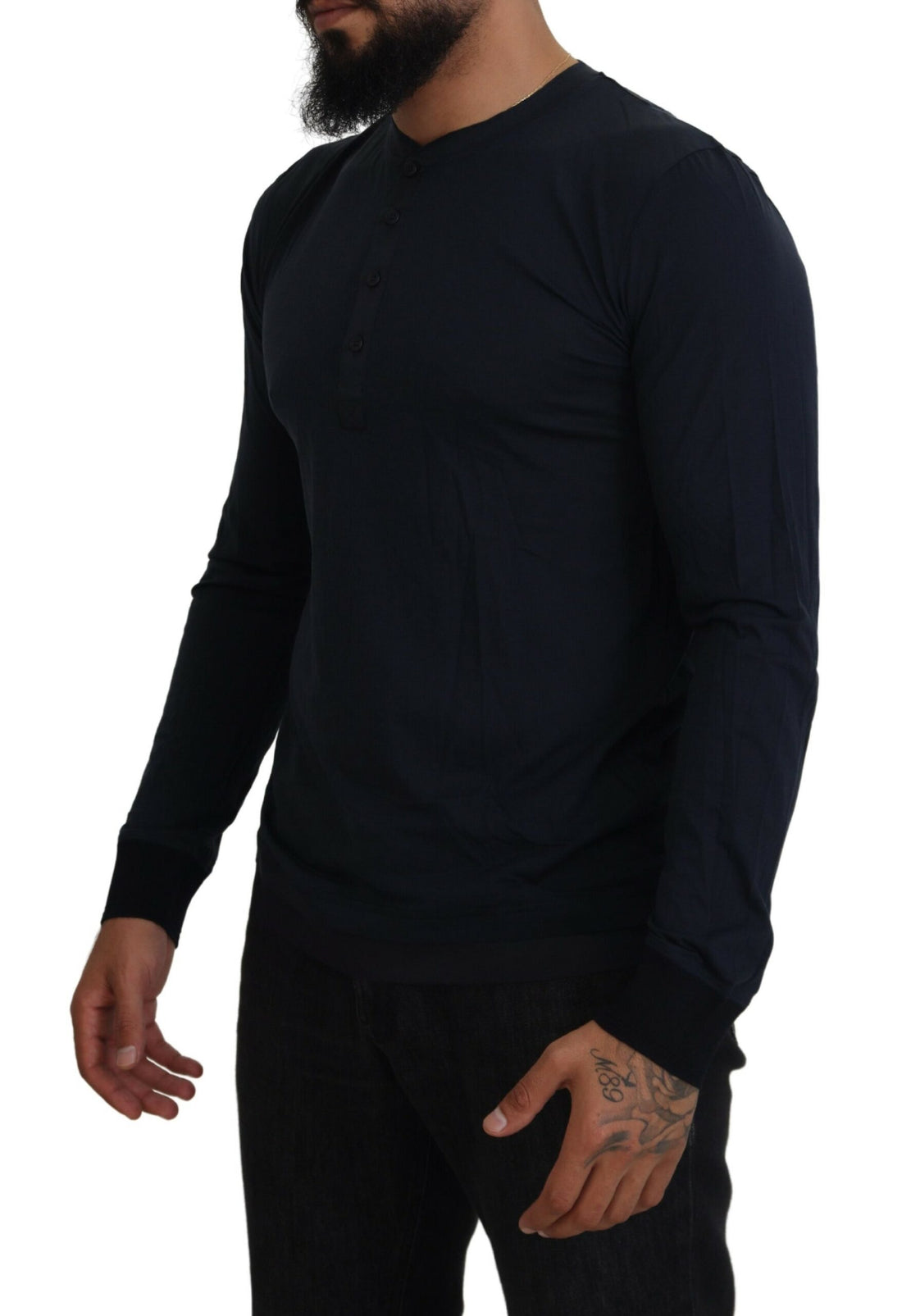 Dolce &amp; Gabbana Blue Cotton Button Crewneck Pullover Sweater