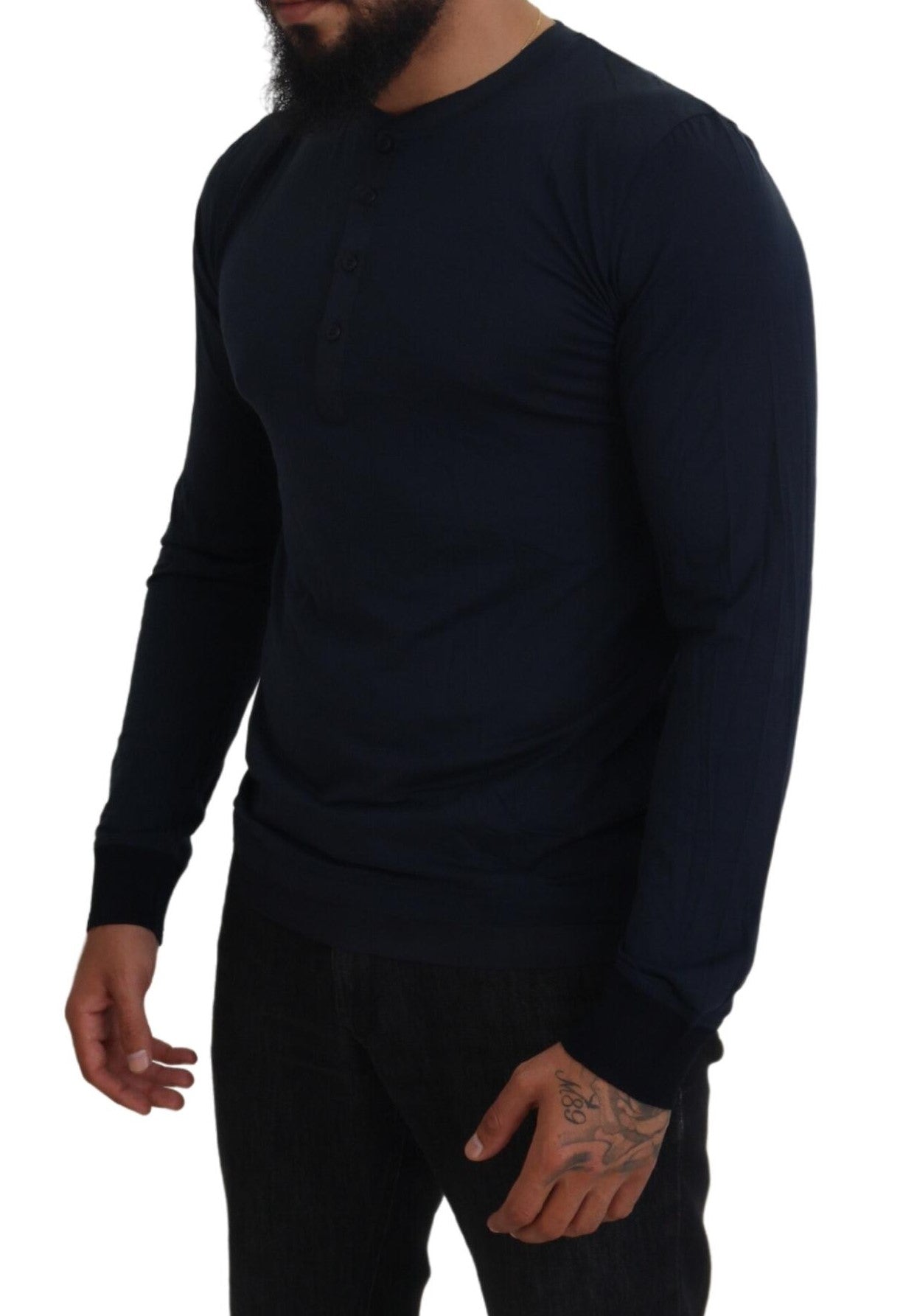 Dolce &amp; Gabbana Blue Cotton Button Crewneck Pullover Sweater