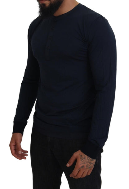 Dolce &amp; Gabbana Blue Cotton Button Crewneck Pullover Sweater