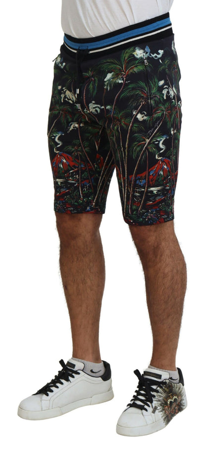 Dolce &amp; Gabbana Black Cotton Volcano Print Casual Shorts