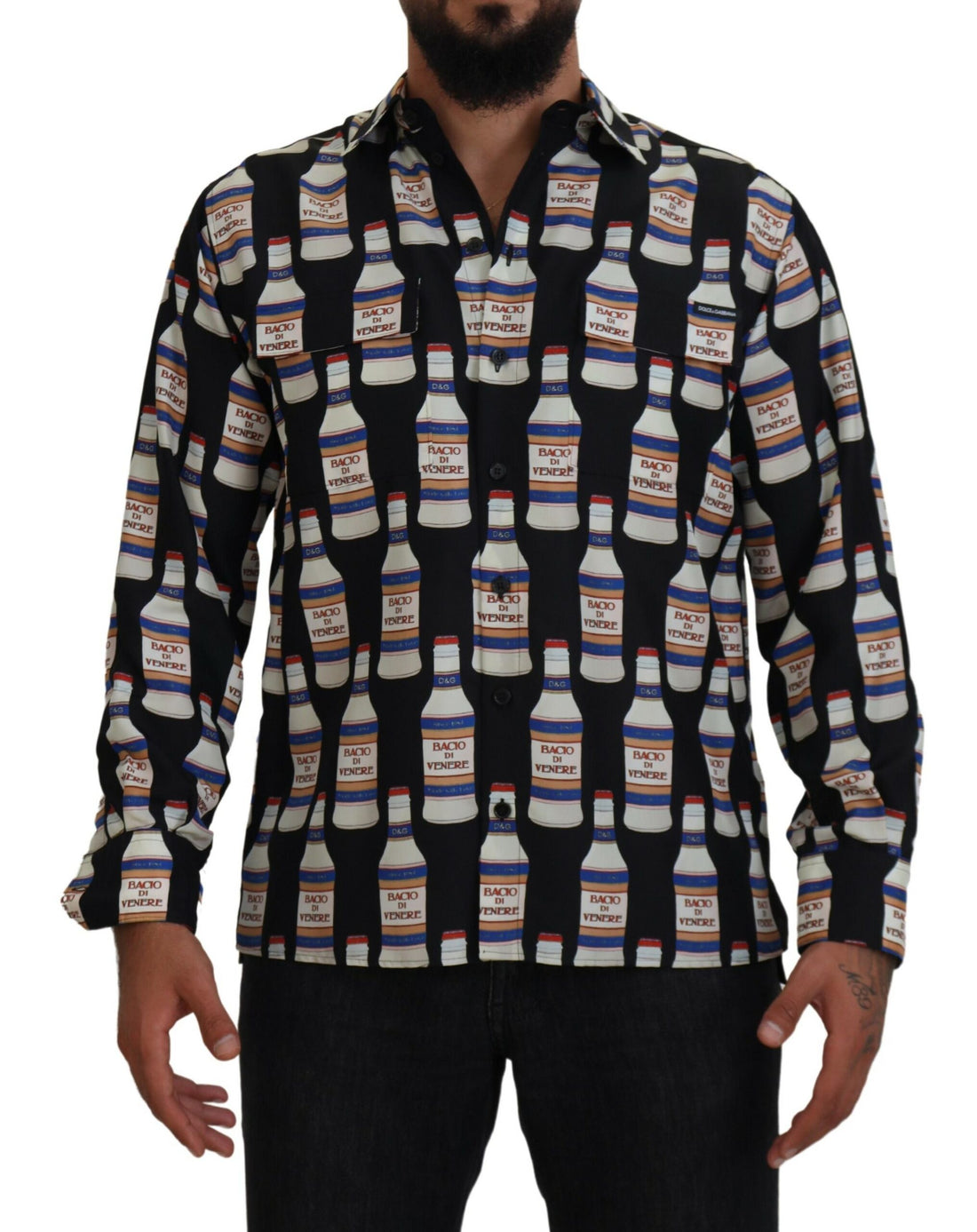 Dolce &amp;amp; Gabbana Svart Sidenmönstrad Krage Herrskjorta Casual