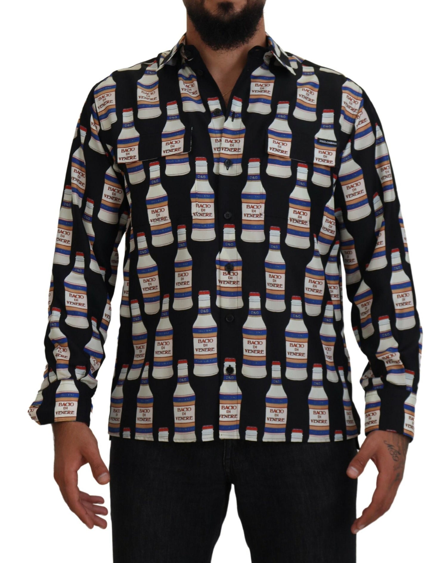 Dolce &amp;amp; Gabbana Svart Sidenmönstrad Krage Herrskjorta Casual