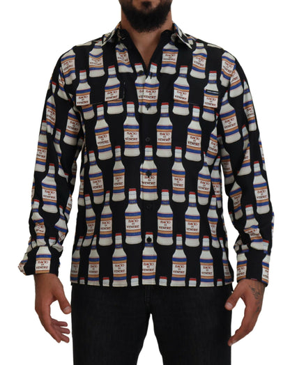 Dolce &amp;amp; Gabbana Svart Sidenmönstrad Krage Herrskjorta Casual
