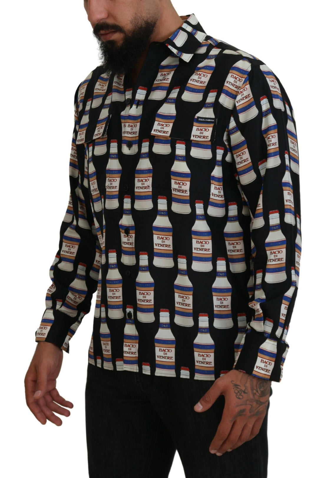 Dolce &amp;amp; Gabbana Svart Sidenmönstrad Krage Herrskjorta Casual