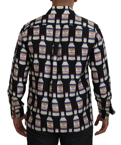 Dolce &amp;amp; Gabbana Svart Sidenmönstrad Krage Herrskjorta Casual